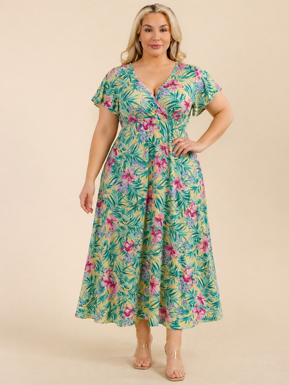 Floral Wrap Midi Dress in Yellow and Green - NWOT - 3X